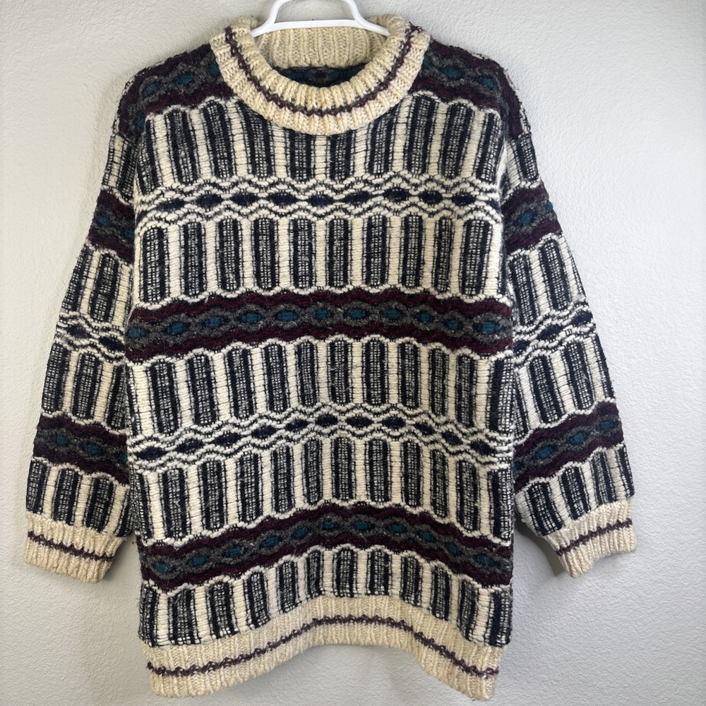 Vintage Handknit Wool Sweater L Nordic Fair Isle Cable Knit Chunky Geometric